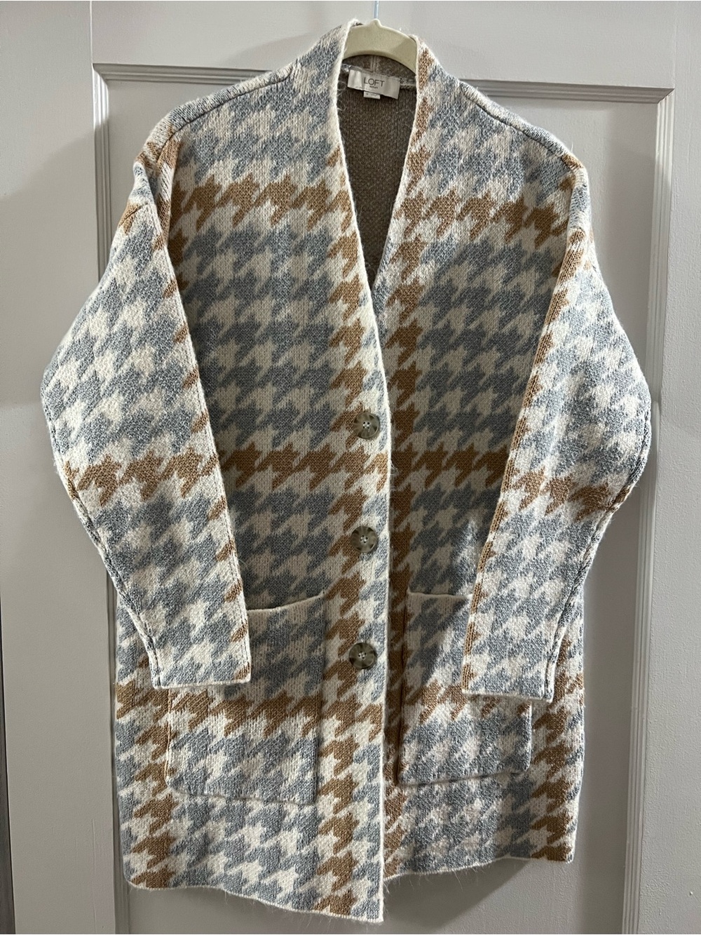 LOFT Houndstooth Button-Front Cardigan Jacket - Cream, Light gray & Beige